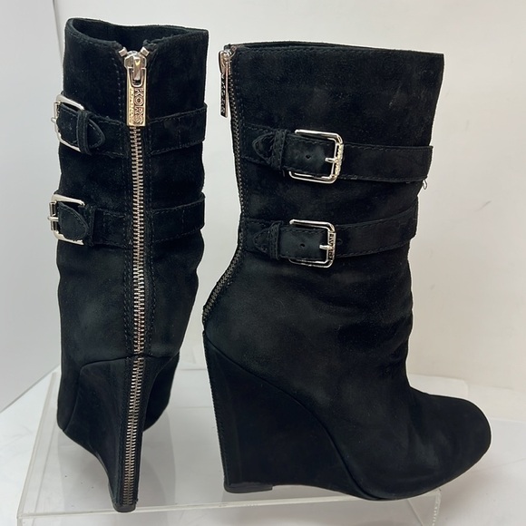 Michael Kors Sz 9 Parker Black Suede Leather Wedge Heel Exposed Zip Ankle Boots - Picture 1 of 13